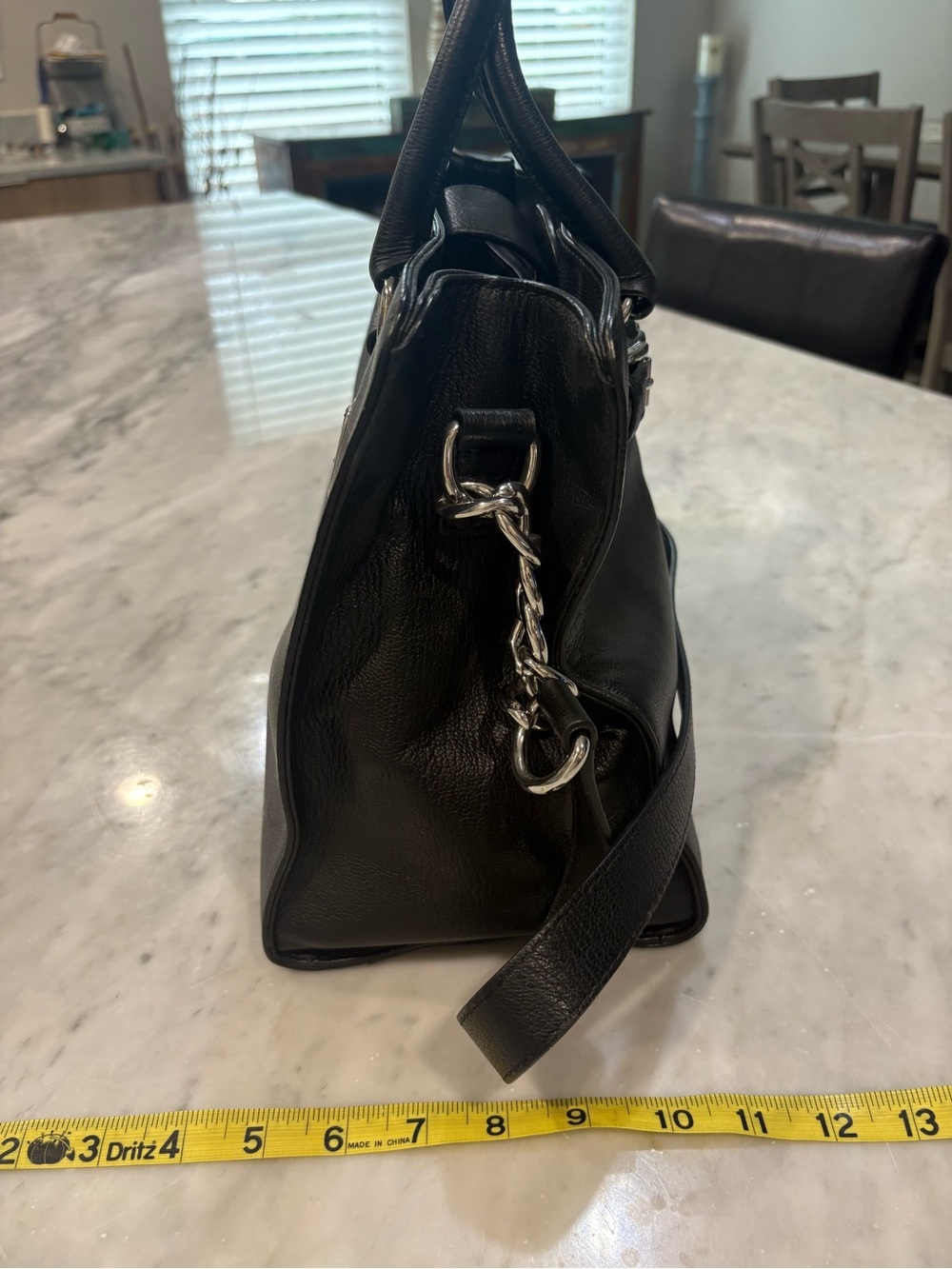 Michael Kors Hamilton Large Satchel Black Pebbled Leather Silver Chain Tote Bag - Picture 3 of 9